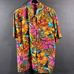 nwt vtg women silk top small hawaiian floral tropical white lotus vacation beach